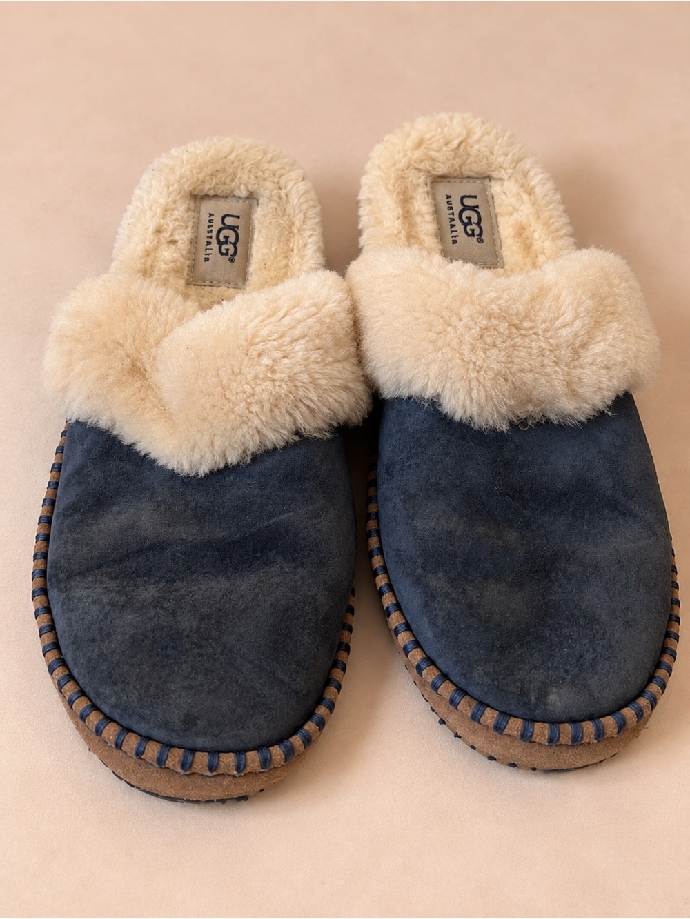 UGG Navy Suede Shearling-Lined Slide Slippers